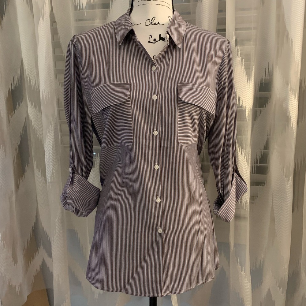 NWT Express Long Sleeve Blouse Size Large Burgundy, Blue & White Striped
